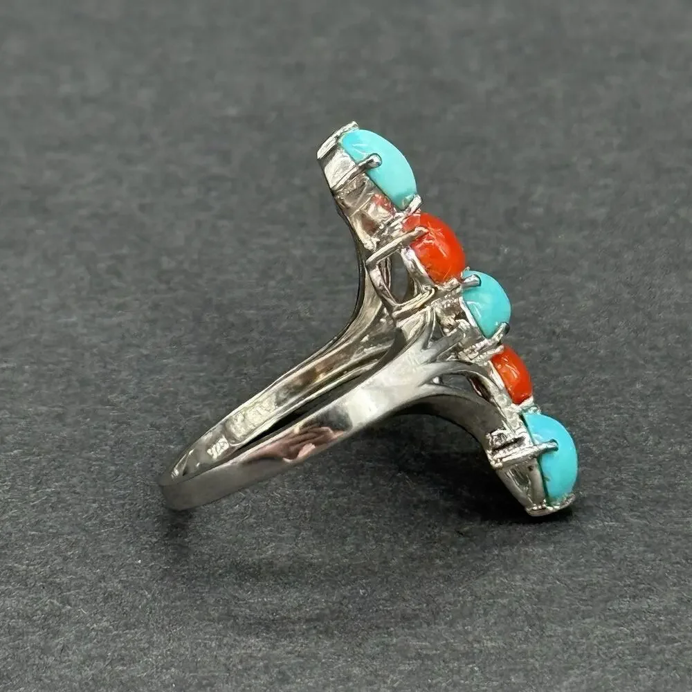Vintage 925 Sterling Silver Turquoise & Red Coral Multi-Stone Bypass Ring Size 8